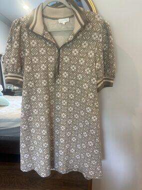 entro Taupe and Cream Floral Jacquard Polo Mini Dress